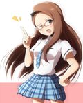  bespectacled blush brown_eyes brown_hair glasses hairband hand_on_hip highres idolmaster idolmaster_(classic) long_hair minase_iori necktie one_eye_closed plaid plaid_skirt rariemonn rough_time_school school_uniform skirt solo 