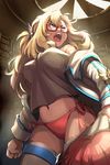  badge blonde_hair blue_eyes breasts glasses jacket large_breasts long_hair lowres navel open_mouth panties quartermaster_knight red-framed_eyewear red_hair shirt solo sword_girls thighhighs underwear vernika_answer wooni 