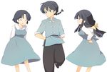  1girl black_hair blue_hair braid dual_persona fuurinkan_high_school_uniform highres kinokosuke long_hair low-tied_long_hair ranma_1/2 saotome_ranma school_uniform short_hair simple_background tendou_akane time_paradox white_background 