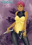  batman_(series) batman_beyond belt crimeglass dark_skin dc_comics dcau female highres leotard maxine_gibson pink_hair pixie_cut short_hair skin_tight smile solo standing unbuttoned undressing unzipped very_short_hair x-teal x-teal2 