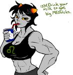  abs big_breasts black_hair breasts clothing drink english_text female hair homestuck horn muscles muscly muscular_female nepeta_leijon shirt solo straw tank_top text troll yellow_eyes 