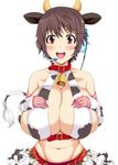 animal_ears animal_print bell bell_collar belt blush breast_suppress breasts brown_eyes brown_hair cleavage collar cow_bell cow_ears cow_horns cow_print cow_tail elbow_gloves gloves hai_ookami hands_on_own_chest headset highres horns huge_breasts idolmaster idolmaster_cinderella_girls navel oikawa_shizuku open_mouth short_hair smile solo tail 