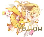  blonde_hair book bow candy_(smile_precure!) choker cure_peace evers eyelashes hair_flaps highres kise_yayoi long_hair magical_girl orange_choker pencil pink_bow ponytail precure shorts shorts_under_skirt skirt smile smile_precure! solo v yellow yellow_bow yellow_eyes yellow_skirt 
