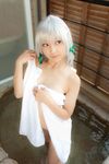  asian bare_feet barefoot cosplay female highres izayoi_sakuya lenfried nude photo silver_hair solo touhou towel 