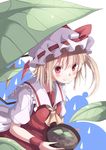  ascot blonde_hair blush colored_eyelashes fang flandre_scarlet gurasion_(gurasion) hat hat_ribbon highres holding leaf plant potted_plant puffy_sleeves red_eyes ribbon short_hair side_ponytail smile solo touhou water_drop wings wrist_cuffs 