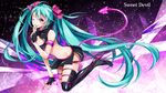  aqua_hair boots breasts cleavage cleavage_cutout demon_tail finger_to_mouth fingerless_gloves gloves grin hair_ribbon hatsune_miku high_heels long_hair medium_breasts midriff one_eye_closed purple_eyes ribbon shoes skirt smile solo sweet_devil_(vocaloid) tail thigh_boots thighhighs twintails very_long_hair vocaloid yuzuki_kihiro 