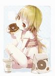  bag bakemonogatari barefoot bikini brand_name_imitation cup disposable_cup doughnut drinking_straw eating food head_tilt highres indian_style long_hair md5_mismatch mister_donut monogatari_(series) navel nerima_(neconicoban) oshino_shinobu paper_bag red_eyes sitting solo strap_slip swimsuit 