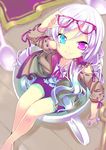  absurdres bare_legs blue_eyes bracelet canon_(nyori) cup glasses heterochromia highres in_container in_cup jewelry long_hair looking_at_viewer looking_up minigirl nyori original partially_submerged pink-framed_eyewear pink_eyes pink_hair smile solo spoon teacup water 