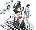  3boys arsene_lupin_iii bad_id bad_pixiv_id banned_artist beard black_hair brown_hair checkered checkered_floor cigarette copyright_name crossed_legs dress facial_hair fedora formal gun hat ishikawa_goemon_xiii jigen_daisuke lupin_iii mine_fujiko multiple_boys red_dress s_tanly short_hair sitting smoke suit sunglasses weapon 