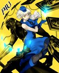  black_legwear blue_gloves book boots dress elizabeth_(persona) floating_card gloves hat highres looking_at_viewer mega5155214x pantyhose persona persona_3 persona_4:_the_ultimate_in_mayonaka_arena short_hair sleeveless sleeveless_dress thanatos white_hair yellow_eyes 