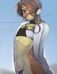  blush breasts brown_hair clothed clothing collar dunkleosteus eyewear female flat_chested goggles hair hair_over_eye hybrid long_hair looking_at_viewer mammal mikhaila mustelid navel otter scar short_hair small_breasts solo tsampikos tube_top 