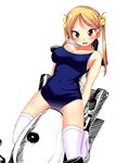  :3 bakuon!! bare_shoulders bell blonde_hair blush breasts cleavage colorized competition_school_swimsuit exhaust ground_vehicle hair_bell hair_ornament highres large_breasts looking_at_viewer motor_vehicle motorcycle one-piece_swimsuit orimoto_mimana red_eyes simple_background smile solo suzuki_(company) suzunoki_rin swimsuit thighhighs twintails white_background white_legwear 