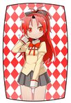  bare_legs blush bow checkered checkered_background flying_sweatdrops frown hair_bow highres long_hair long_sleeves mahou_shoujo_madoka_magica pleated_skirt ponytail puffy_sleeves red_background red_eyes red_hair sakura_kyouko school_uniform skirt sleeves_past_wrists solo standing teruya_kazuhito 