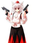  alphes_(style) alternate_weapon animal_ears arms_up bad_id bad_pixiv_id detached_sleeves dual_wielding frown gun h&amp;k_usp handgun hat heckler_&amp;_koch hinjyaku_hisaka holding inubashiri_momiji long_sleeves looking_away parody pistol pom_pom_(clothes) red_eyes ribbon simple_background skirt solo style_parody tokin_hat touhou trigger_discipline vest weapon white_background white_hair wide_sleeves wolf_ears 