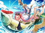  1girl black_legwear blue_eyes blue_hair boots cloud detached_sleeves eiyuu_densetsu fish fishing fishing_rod hair_ornament hairclip isoroku_(gojuuroku) long_hair low-tied_long_hair nayuta_herschel nayuta_no_kiseki no_pupils noi_(eiyuu_densetsu) pink_eyes pink_hair skirt sky smile thigh_boots thighhighs twintails very_long_hair 