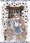  akatuki_taku alice_(wonderland) alice_in_wonderland blonde_hair blue_eyes blush bow card chair dress full_body hair_bow knees_up long_hair outstretched_arms playing_card sitting sitting_sideways solo striped striped_legwear thighhighs very_long_hair 