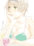  arm_support axis_powers_hetalia bare_shoulders bikini bikini_top blue_hairband breasts chin_rest cleavage collarbone drink drinking_straw front-tie_top glass green_eyes grey_hair hair_ornament hairband hairclip hairpin ice ice_cube large_breasts light_brown_hair looking_away open_mouth parted_lips short_hair simple_background solo swimsuit tegaki ukraine_(hetalia) upper_body white_background 