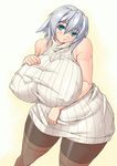  1girl aqua_eyes bare_shoulders breasts curvy fat female gigantic_breasts hips pantyhose plump renges short_hair silver_hair simple_background solo standing wide_hips 