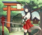  anabuki_tomoko animal_ears black_eyes black_hair black_legwear hakama_skirt katana lantern long_hair looking_at_viewer miyafuji_yoshika over_shoulder rosettastone sheath shrine skirt solo stone_lantern sword tail thighhighs torii tree weapon when_you_see_it wooden_lantern world_witches_series 