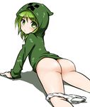  arm_support ass blush creeparka creeper from_behind green_eyes green_hair hood hoodie looking_at_viewer looking_back lying md5_mismatch minecraft on_stomach panties panties_around_one_leg pout short_hair solo underwear white_background white_panties zaxwu 