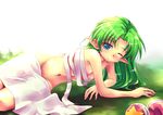  bad_id bad_pixiv_id blue_eyes blush breasts green_hair long_hair looking_at_viewer lying medium_breasts navel nipples on_side one_eye_closed pointy_ears sarashi solo twinkle_star_sprites undone_sarashi x.x yan_yanyung 