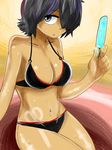  bikini black_bikini black_hair breasts cleavage commentary_request food hair_over_one_eye large_breasts navel nazo_no_kanojo_x popsicle ragunaroku short_hair solo sun_tattoo sweat swimsuit tan tanline urabe_mikoto 