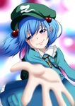  absurdres backpack bad_id bad_pixiv_id bag blue_eyes blue_hair blurry depth_of_field foreshortening hair_bobbles hair_ornament hands hat highres kawashiro_nitori key nekota_susumu outstretched_arm short_hair skirt smile solo touhou two_side_up 