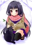  :o black_cat black_hair black_legwear blush cat enpera kneeling long_hair original red_eyes sakura_hanatsumi scarf school_uniform solo thighhighs 