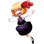  blonde_hair closed_eyes hair_ribbon outstretched_arms ribbon rumia sharp_teeth short_hair skirt skirt_set smile solo teeth tomoyohi touhou white_background 