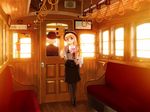  backlighting bag blonde_hair bow hakodate_transportation_bureau handbag hat kashiwagi_yuno long_hair matsukaze_karen multiple_girls pantyhose skirt smile streetcar sunset tessai tetsudou_musume train_interior translated uniform 