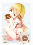  bag bakemonogatari barefoot bikini blonde_hair blush brand_name_imitation cup disposable_cup doughnut drinking_straw eating food head_tilt highres indian_style long_hair mister_donut monogatari_(series) mouth_hold navel nerima_(neconicoban) oshino_shinobu paper_bag red_eyes revision sitting solo strap_slip swimsuit 