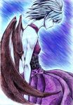  bad_id bad_pixiv_id bat_wings breasts colored_pencil_(medium) corset covered_nipples dress highres older pale_skin profile remilia_scarlet short_hair small_breasts solo takeuma touhou traditional_media wings 