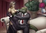  anthro breasts clothed clothing crocodile dapper dress duo eye_contact feline female flower interspecies lion male mammal necktie nipples reptile scalie sofa standing straight suit undressing 