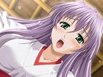 1girl blush game_cg green_eyes lavender_hair long_hair maruto! miko pov solo tsukikage_minami watashi_ni_konya_ai_ni_kite_2 