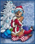  2018 anthro blue_eyes blue_hair bouncyotter breasts brown_fur christmas christmas_tree clothing female flinters fur hair hat hi_res holidays mammal mustelid otter santa_hat solo tree undressing whiskers 