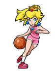  absurdres ball basketball blonde_hair blue_eyes crown earrings full_body highres jewelry mario_(series) mario_hoops_3_on_3 official_art princess_peach running shorts simple_background super_mario_bros. 