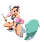  black_hair flotation_belt ibuki_(street_fighter) inflatable_armbands kickboard knife red_eyes reverse_grip sandals school_swimsuit solo street_fighter street_fighter_iii_(series) swim_cap swimsuit takeya_yuuki 