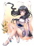  bare_legs black_hair blush breasts finger_to_mouth flower highres kohak_hearts long_hair low-tied_long_hair medium_breasts monchi_(kashiwa2519) purple_eyes sitting solo tales_of_(series) tales_of_hearts twintails 