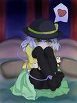  bad_id bad_pixiv_id bed black_legwear blush feet green_eyes hat heart highres komeiji_koishi masa_masa panties panties_under_pantyhose pantyhose ribbon short_hair silver_hair sitting skirt smile solo thighband_pantyhose touhou underwear 