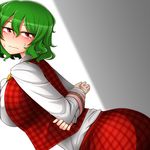  against_wall bdsm blush bondage bound bound_wrists breast_press breasts dress_shirt eyebrows_visible_through_hair from_side green_hair kazami_yuuka large_breasts leaning_forward looking_at_viewer plaid plaid_skirt plaid_vest red_eyes shirt short_hair skirt solo touhou unadare vest 