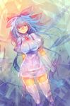 adapted_costume alternate_breast_size alternate_hairstyle blue_eyes blue_hair bow breasts cirno cleavage hair_bow highres large_breasts long_hair mamuru older see-through skindentation smile solo thighhighs touhou white_legwear 