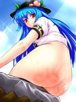  ass blue_hair bottomless face food foreshortening from_below fruit hat highres hinanawi_tenshi k2isu long_hair naughty_face peach red_eyes sitting smile solo spanked touhou 