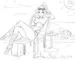  &gt;_&lt; 1girl asphyxiation bikini bracelet breasts choker cleavage closed_eyes cross-laced_sandals crossed_legs drink drowning eu03 eyewear_on_head greyscale handheld_game_console jewelry kid_icarus kid_icarus_uprising large_breasts long_hair monochrome navel necklace nintendo_ds_lite palutena pit_(kid_icarus) sarong sitting sketch sunglasses swimsuit 