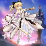  ahoge artoria_pendragon_(all) bad_id bad_pixiv_id bare_shoulders blonde_hair bow caliburn detached_sleeves dress fate/stay_night fate/unlimited_codes fate_(series) gauntlets green_eyes hair_bow long_hair ponytail saber saber_lily sheath solo sumapan sword weapon 