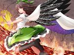  arm_cannon bow brown_hair cape excel_(shena) hair_bow highres long_hair reiuji_utsuho silver_eyes smile solo touhou weapon wings 