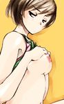  areolae bad_id bad_pixiv_id bare_shoulders blush bra breast_suppress breasts brown_eyes brown_hair embarrassed lingerie looking_at_viewer medium_breasts mike156 navel nipples perky_breasts persona persona_4 satonaka_chie short_hair solo tank_top underwear undressing 