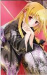  absurdres blonde_hair blush fate_testarossa floral_print highres japanese_clothes kimono long_hair looking_at_viewer low-tied_long_hair lyrical_nanoha mahou_shoujo_lyrical_nanoha_strikers mikuni_mizuki red_eyes shade smile solo umbrella 