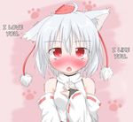  1girl animal_ears bare_shoulders bust detached_sleeves fang female gauntlets hand_on_own_chest hard_translated hat hat_ribbon inubashiri_momiji oden_(artist) oden_(th-inaba) open_mouth paw_print red_eyes ribbon shirt short_hair silver_hair solo tokin_hat touhou translated trembling upper_body wolf_ears 