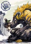  barrel black_eyes broom clenched_teeth cliff cloud crossed_arms dark_skin day eye_contact fangs felyne from_side furry fuse_ryuuta green_sky helmet highres holding horns looking_at_another monster_hunter no_humans no_pants open_mouth outdoors paws profile rajang red_eyes sky snow teeth 