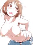  areola_slip areolae bandaid bandaids_on_nipples bent_over blush breasts brown_eyes brown_hair clearite flying_sweatdrops idolmaster idolmaster_cinderella_girls large_breasts mimura_kanako open_mouth panties pasties plump short_hair simple_background solo topless underwear undressing white_background white_panties 